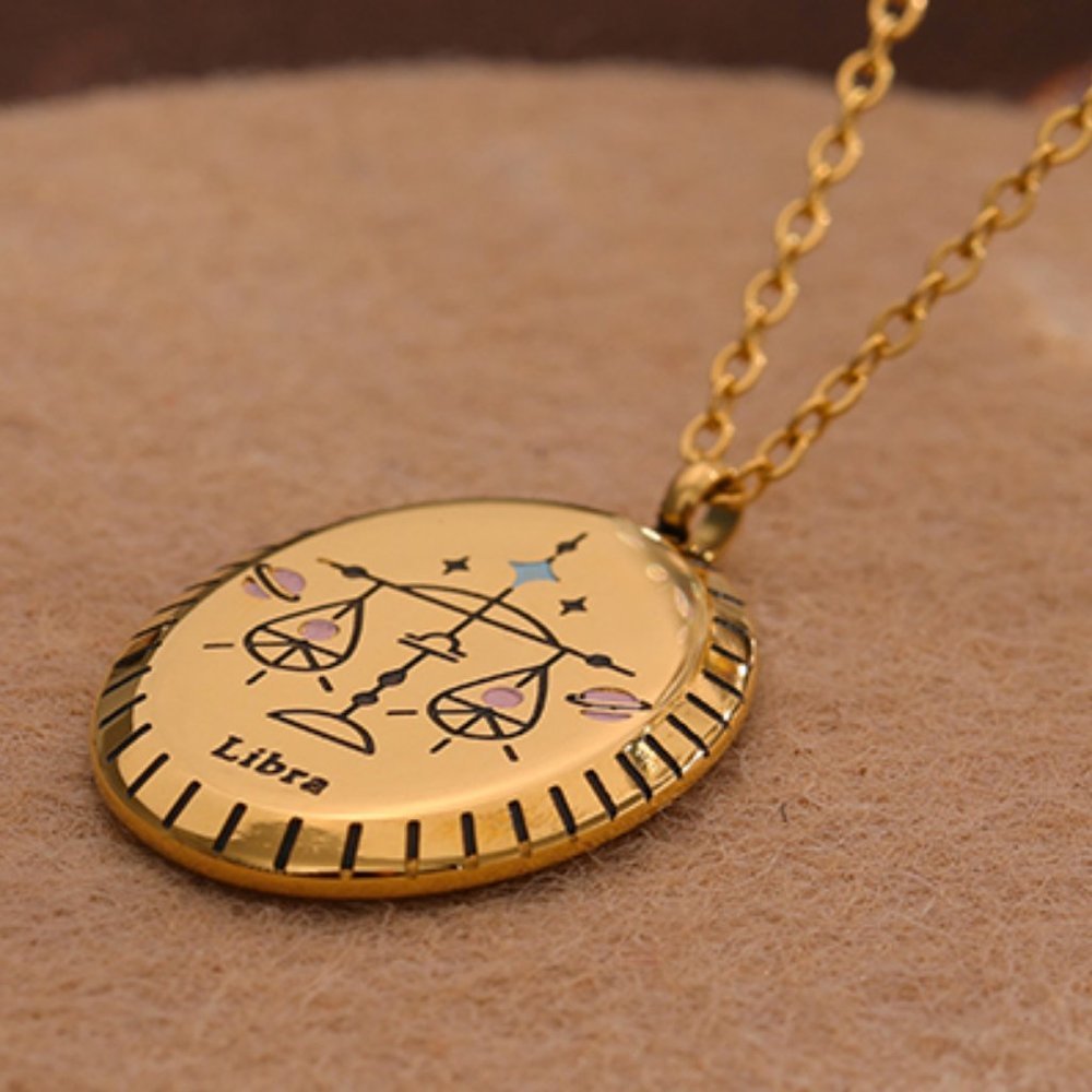 LIBRA--NEW 18K Gold Plated LIBRA Sign Zodiac Oval Pendant Necklace
